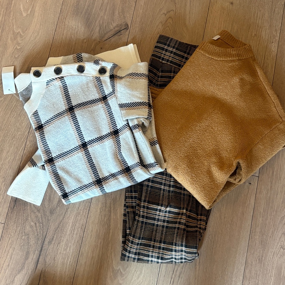 LOFT Cream and Black Checkered Crewneck Sweater, Mustard Sweater, Plaid Leggings